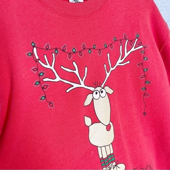 Vintage Christmas Sweatshirt Size L Reindeer Ugly Strung Out Lights 90s Made USA - Picture 2 of 8